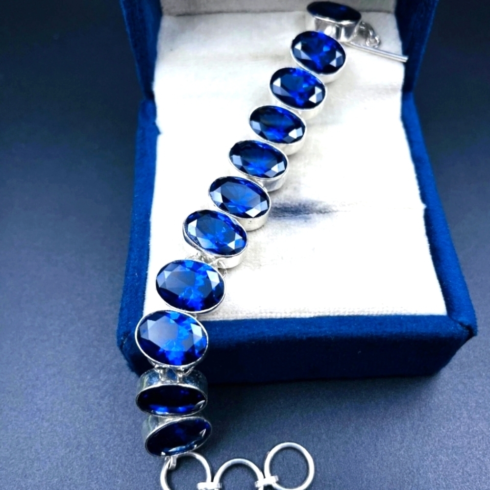 925 Silver Plated Oval Blue Faceted Glass Stobe Handmade Jewelry Chain Bracelet